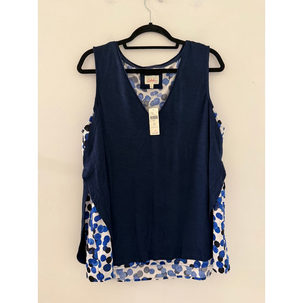 Deletta Anthropologie Navy Blue Polka Dot Mixed Media V-Neck Tank Top XL NWT